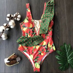 “The Ginger” Mixed Print Lemon Ruffle Swimsuit